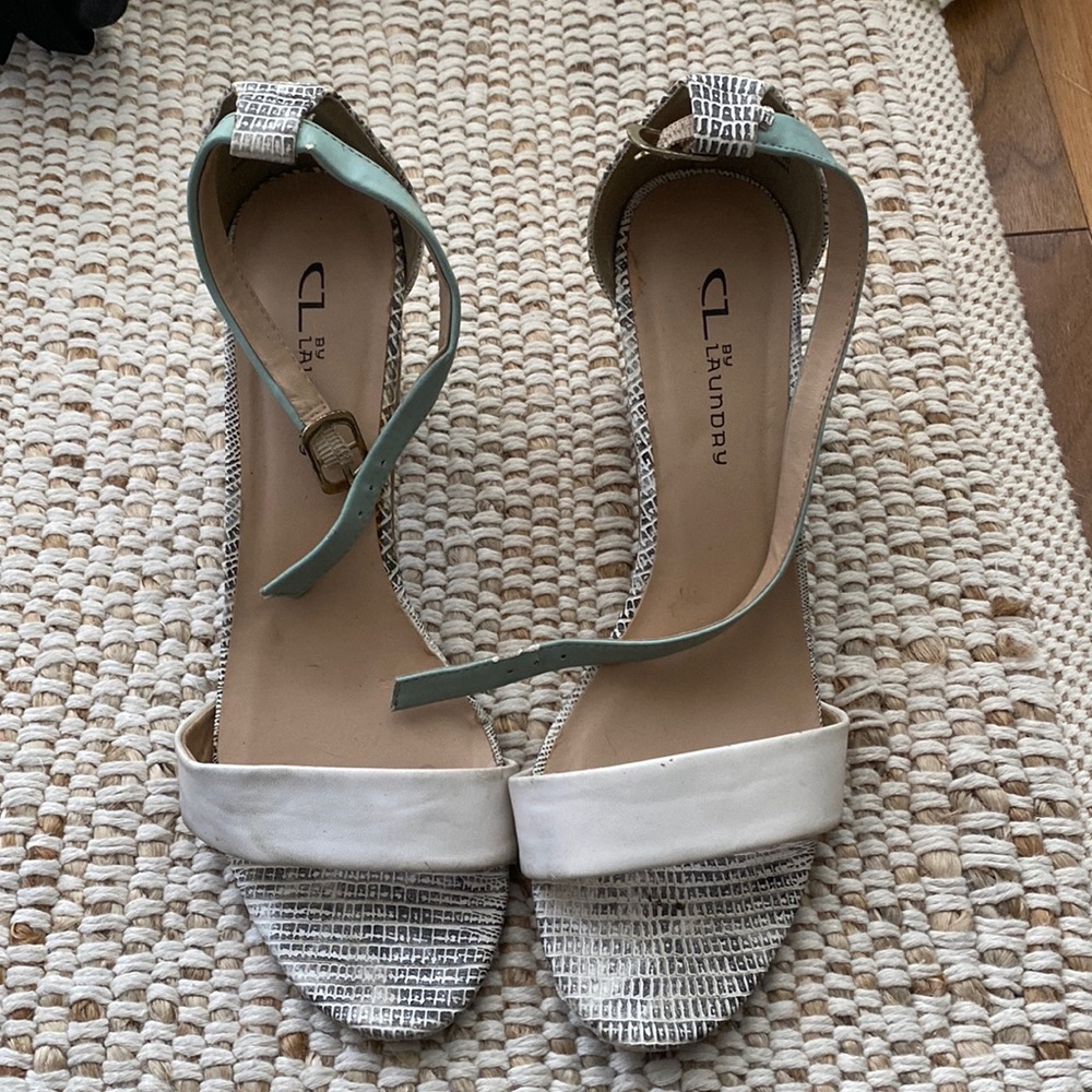 White and blue patterned heals